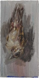 Kleiner toter Vogel auf Grau, 2022, Öl auf MDF, 20 x 10 cm