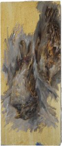 Zwei Vögel kopfüber, links am Rand angeschnitten, 2022, Öl auf MDF, 24 x 10 cm
